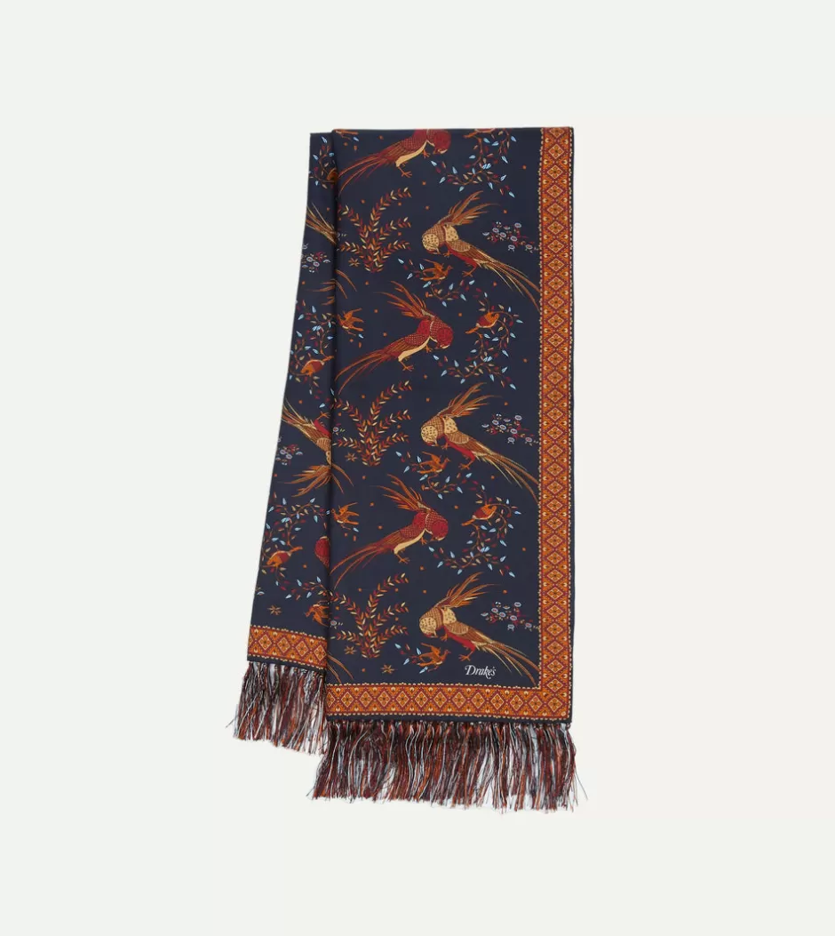 Drake's Navy Birds Of Paradise Print Tubular Silk Tasselled Scarf Best Sale