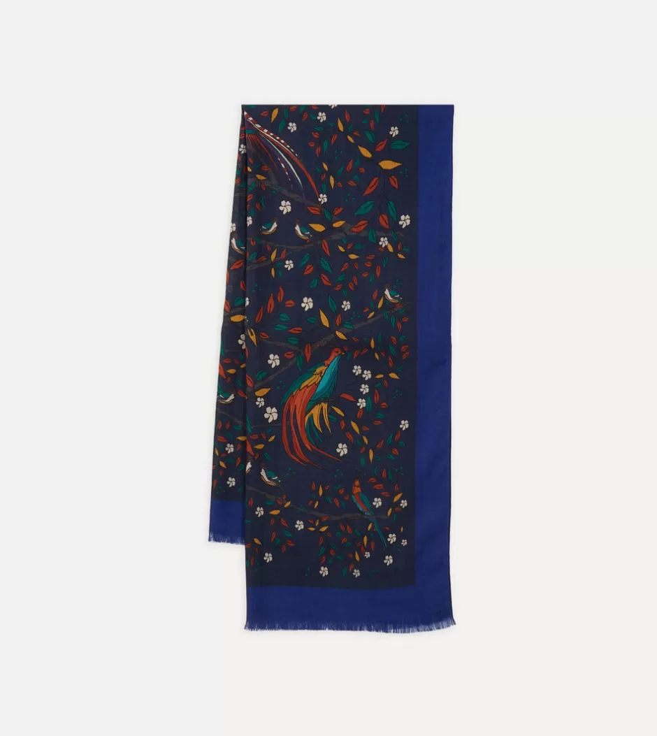 Drake's Navy Birds Of Paradise Print Wool Scarf Hot