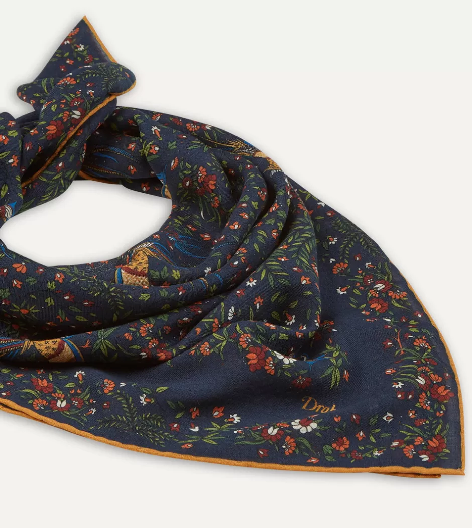 Drake's Navy Birds Of Paradise Print Wool-Silk Square Scarf New