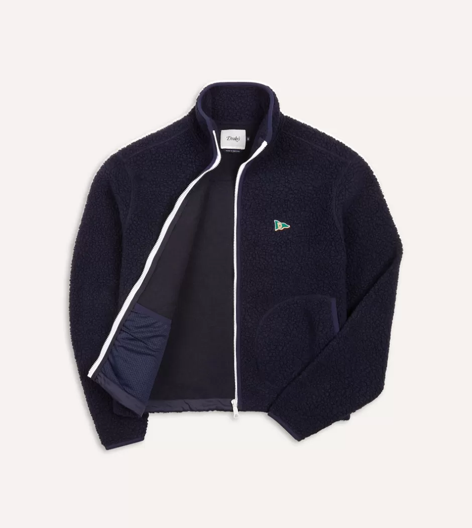 Drake's Boucle Wool Zip Fleece Jacket Navy Online