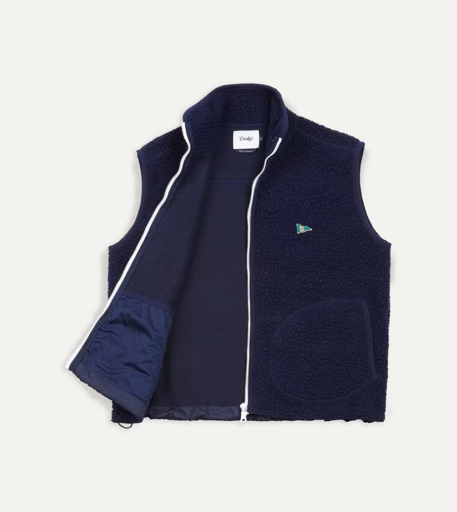 Drake's Boucle Wool Zip Fleece Vest Navy New