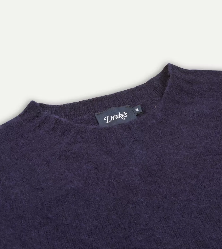 Drake's Brushed Shetland Crew Neck Jumper Navy Best Sale