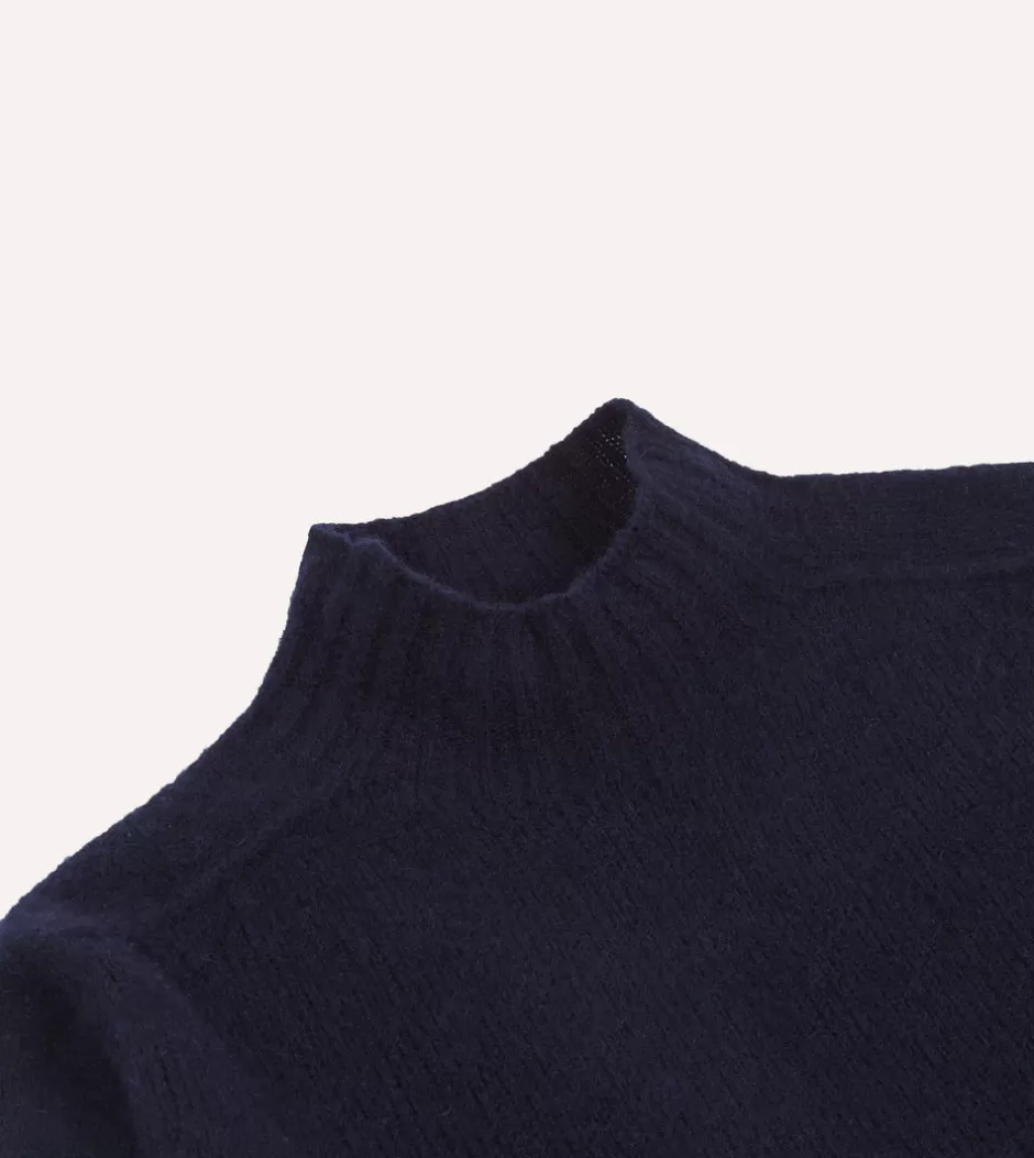 Drake's Brushed Shetland Mock Neck Jumper Navy Fashion