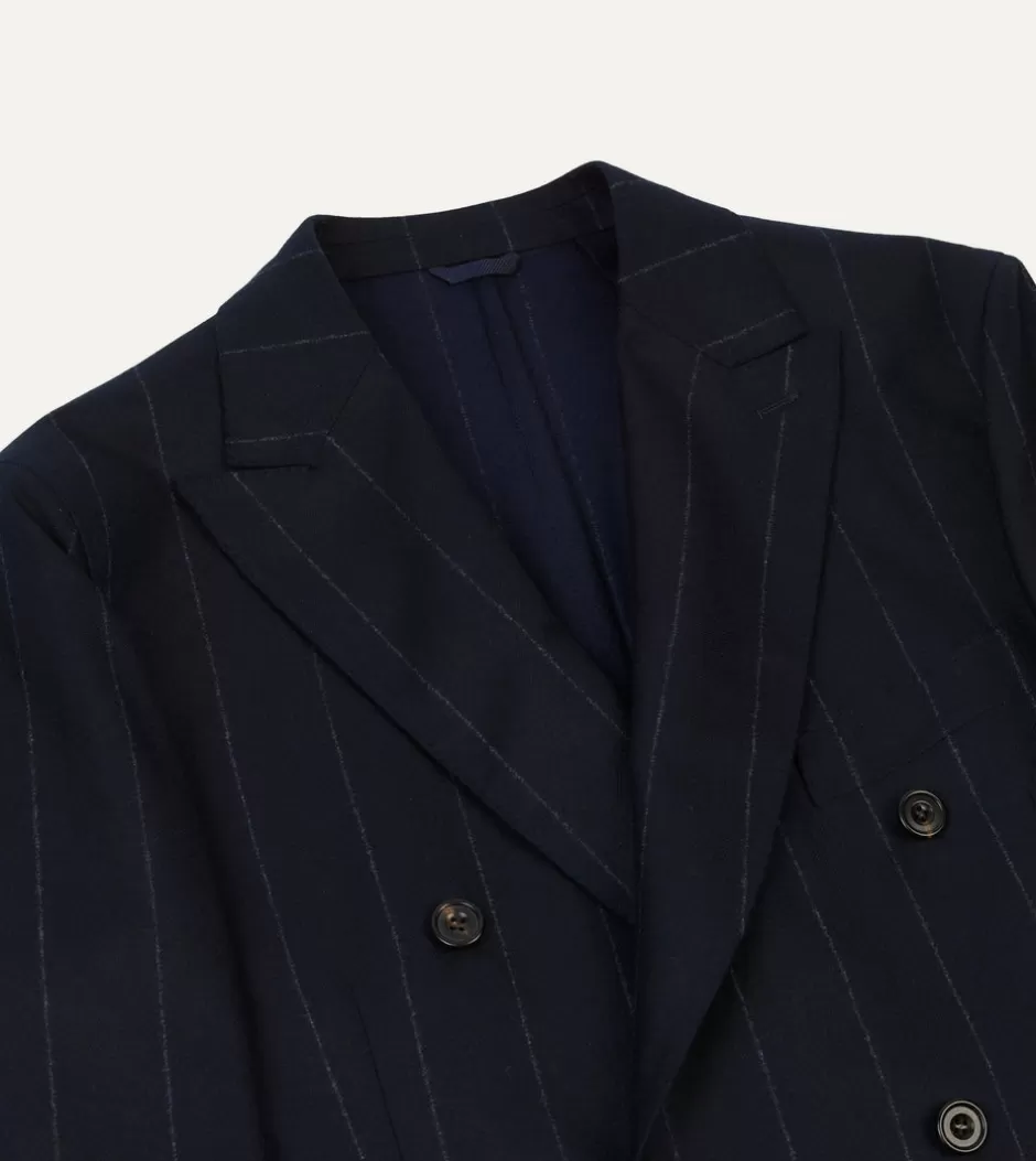 Drake's Navy Chalkstripe Wool Double-Breasted Tailored Jacket Shop