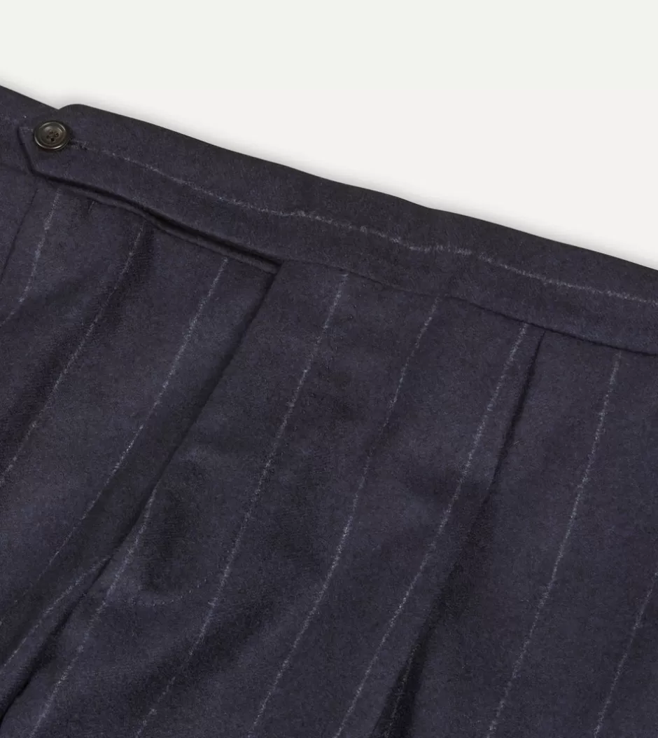 Drake's Navy Chalkstripe Wool Flannel Single Pleat Trouser Discount