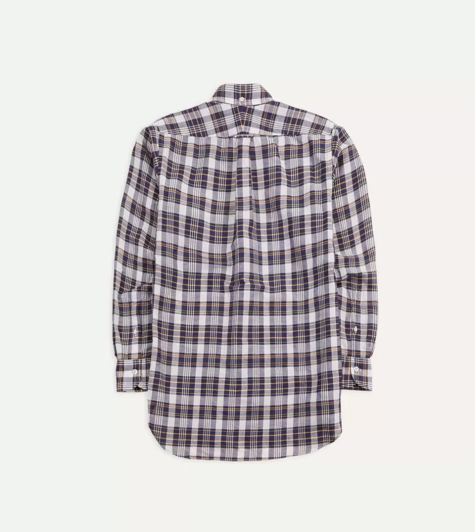 Drake's Navy Check Cotton Linen Button-Down Shirt Clearance