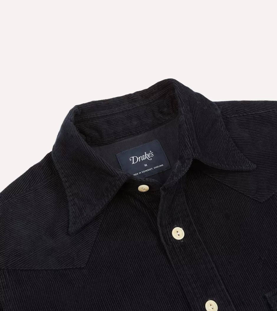 Drake's Navy Corduroy Two-Pocket Western Shirt Cheap