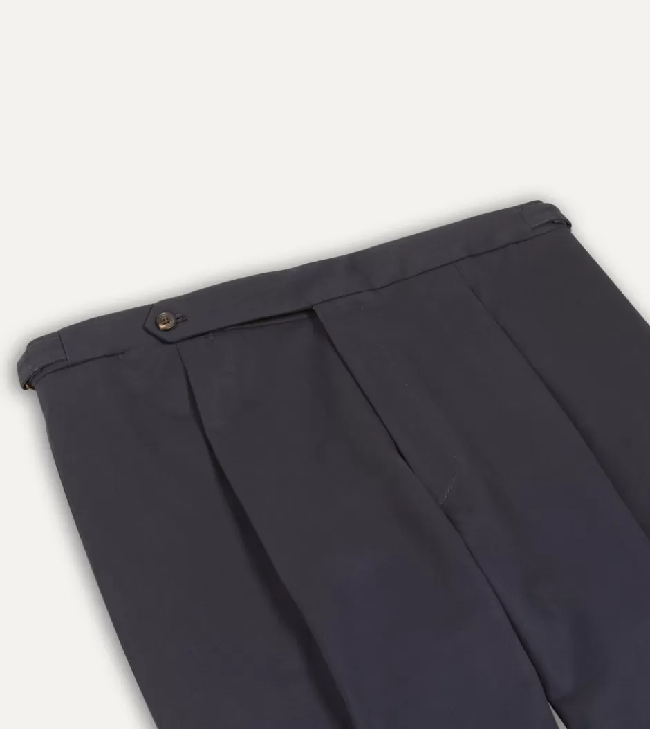 Drake's Cotton Drill Single Pleat Trouser Navy Discount