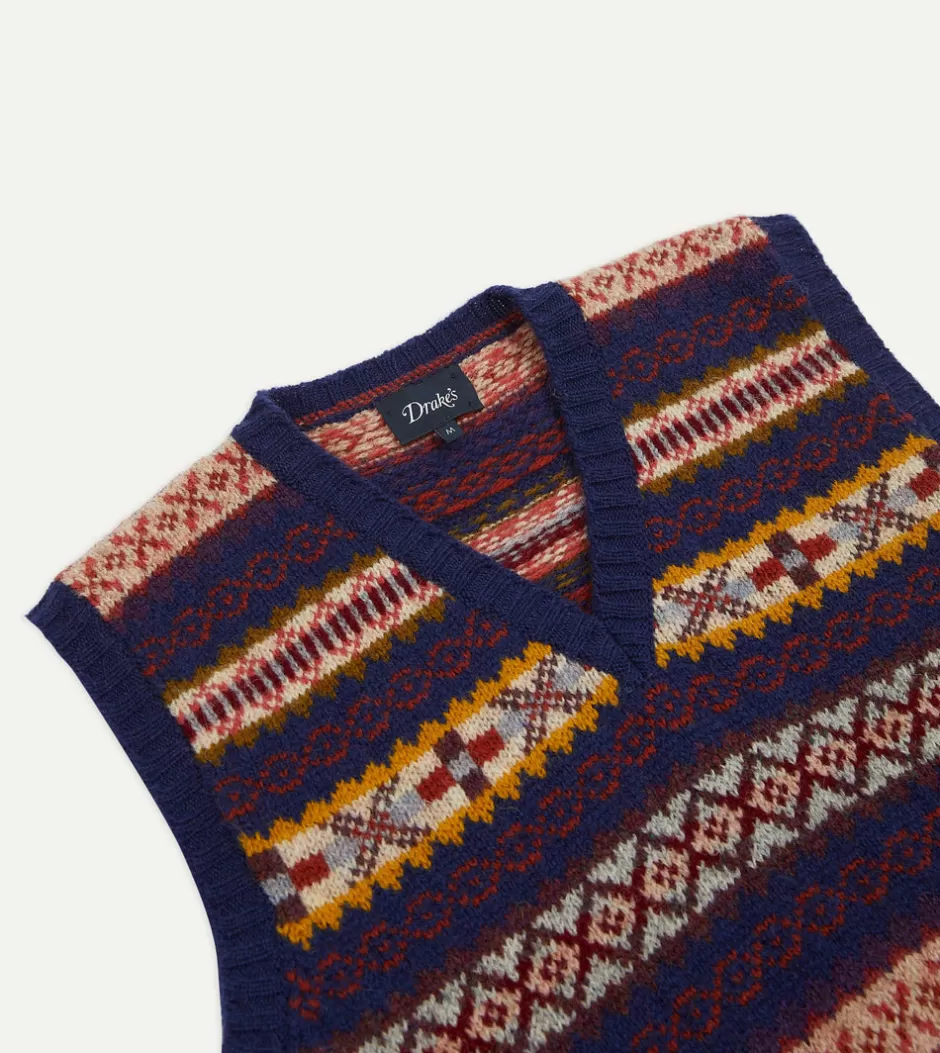 Drake's Navy Fair Isle Lambswool Sleeveless V-Neck Jumper Outlet