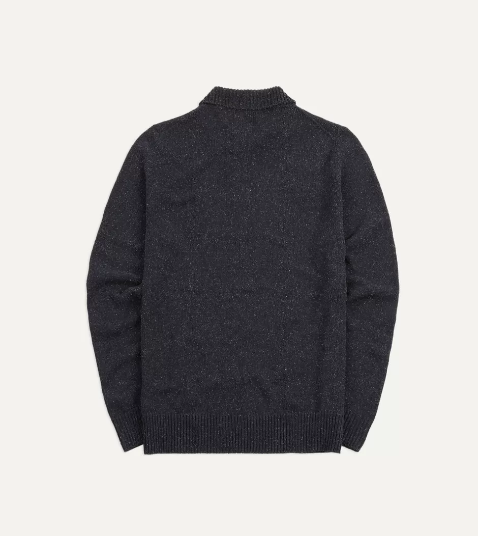 Drake's Flecked Silk Ribbed Integral Collar Jumper Navy Outlet