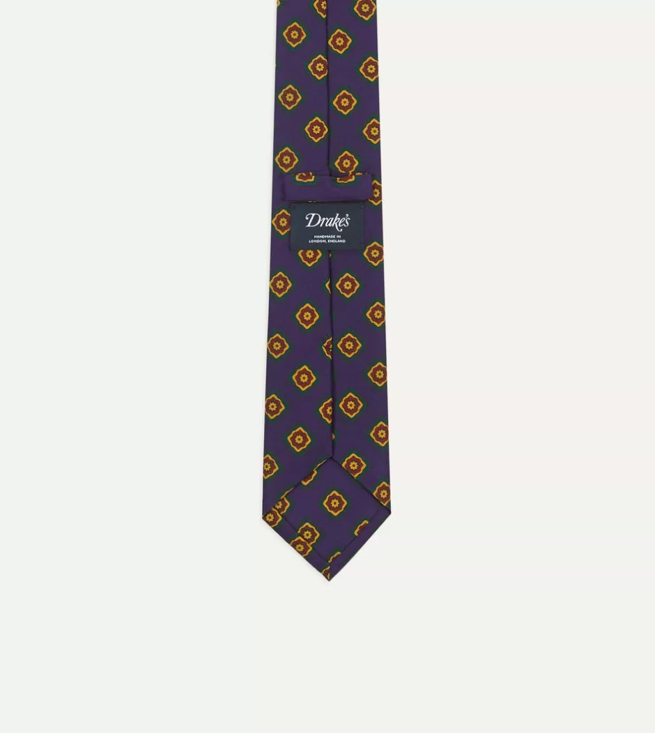 Drake's Navy Flower Medallion Print Madder Silk Self Tipped Tie Clearance