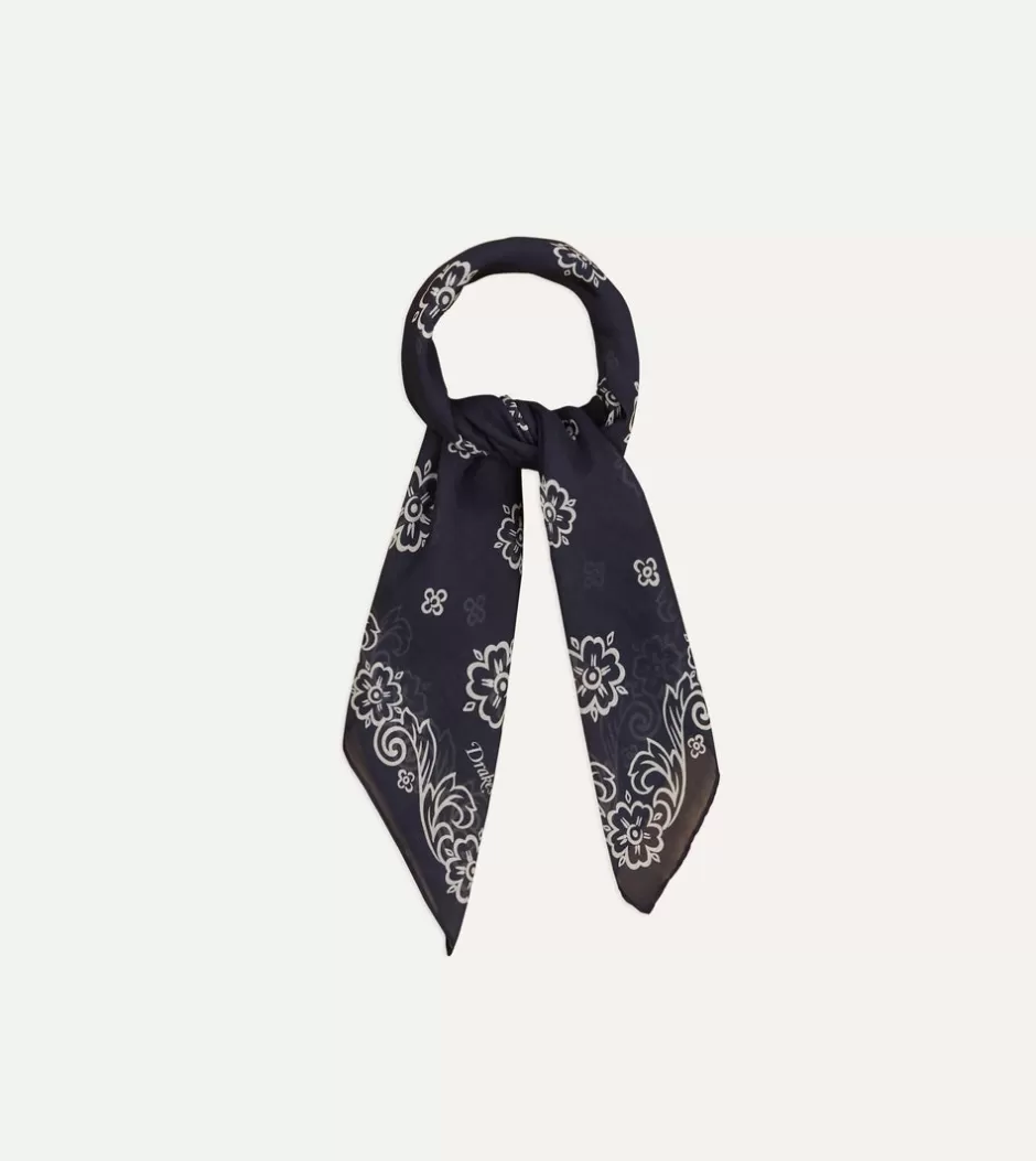 Drake's Navy Flower Print Silk-Cotton Bandana Hot