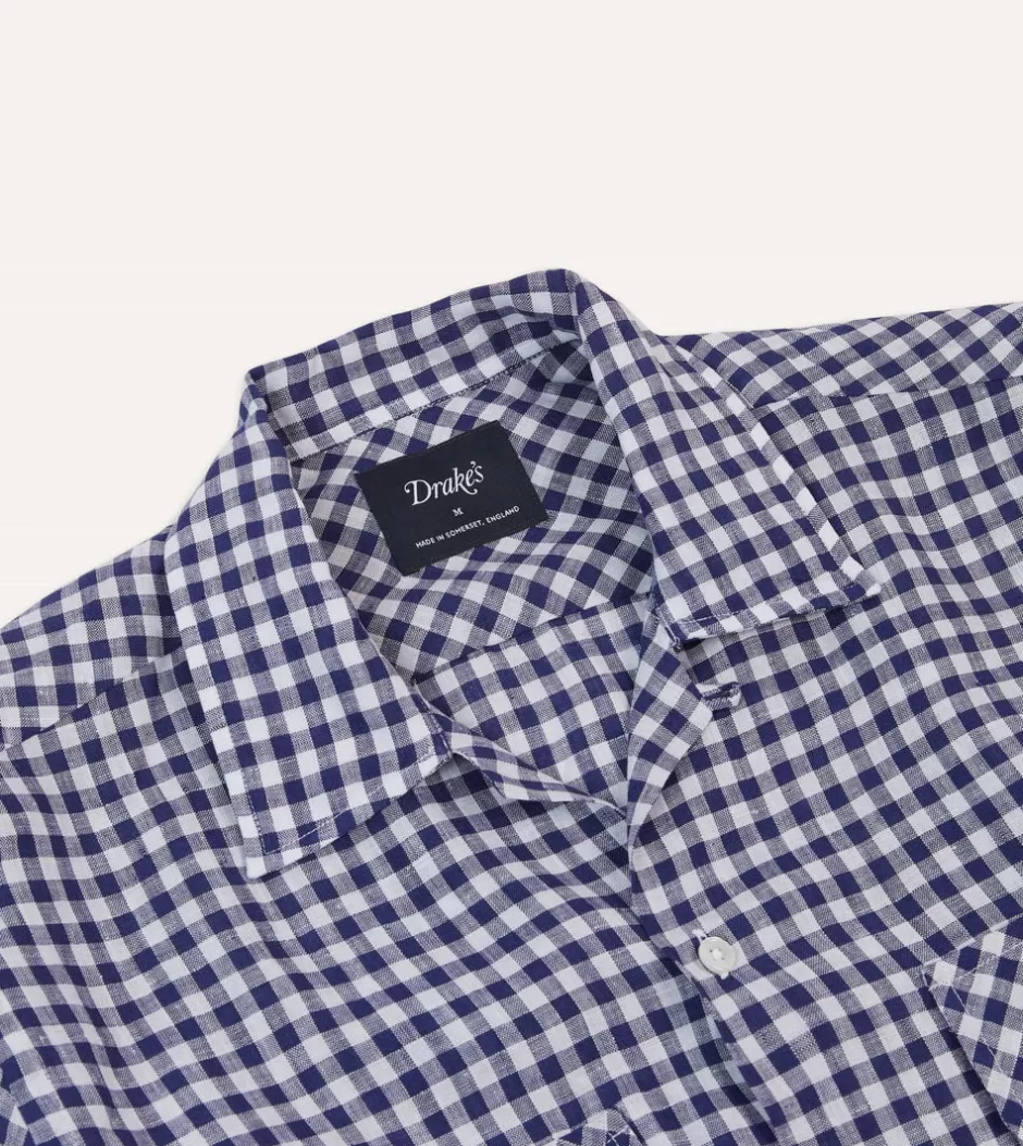 Drake's Navy Gingham Check Linen Camp Collar Long Sleeve Shirt Store