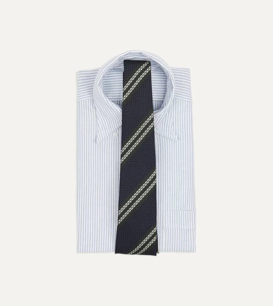 Drake's Navy, Green And White Double Stripe Silk Grenadine Tie Clearance