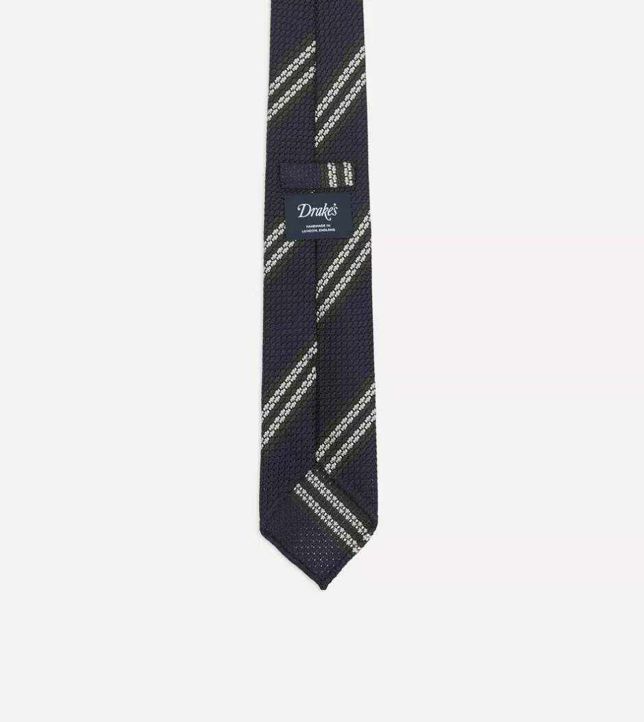 Drake's Navy, Green And White Double Stripe Silk Grenadine Tie Clearance