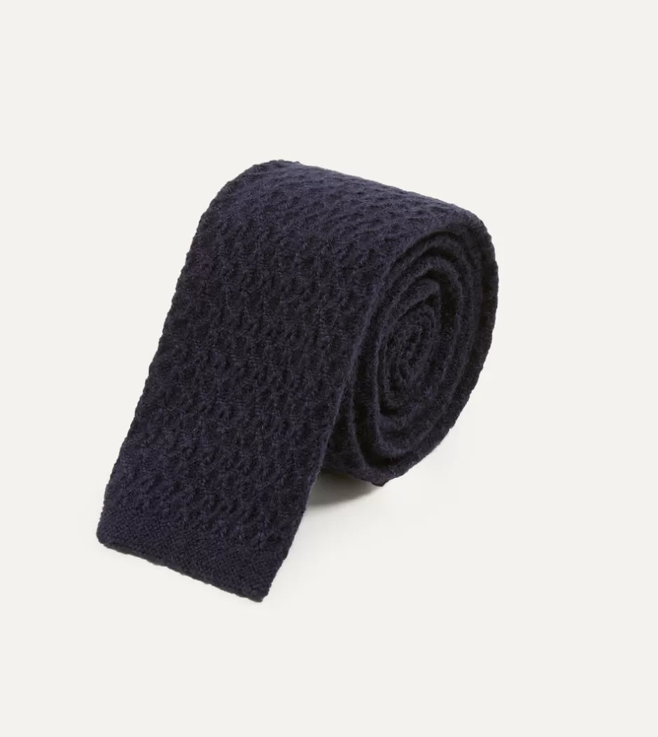 Drake's Navy Knitted Cashmere Wool Solid Colour Tie Outlet