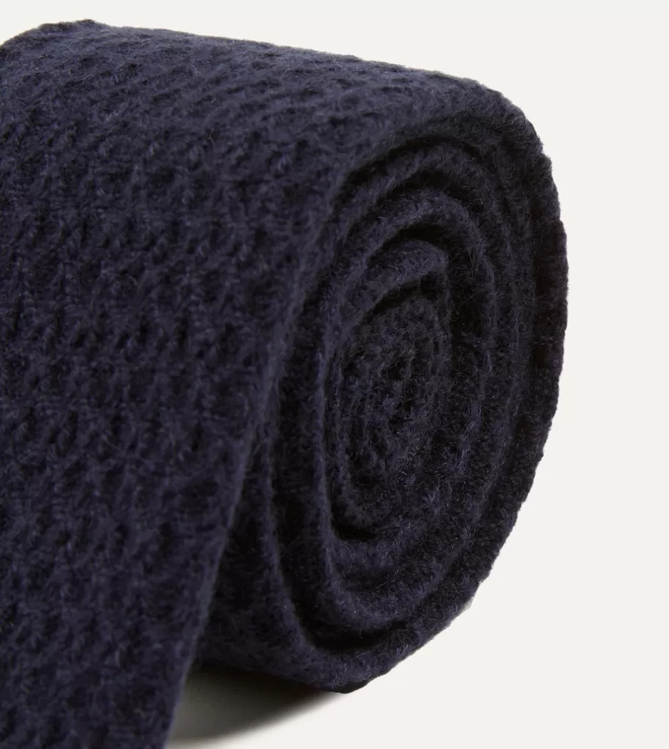 Drake's Navy Knitted Cashmere Wool Solid Colour Tie Outlet