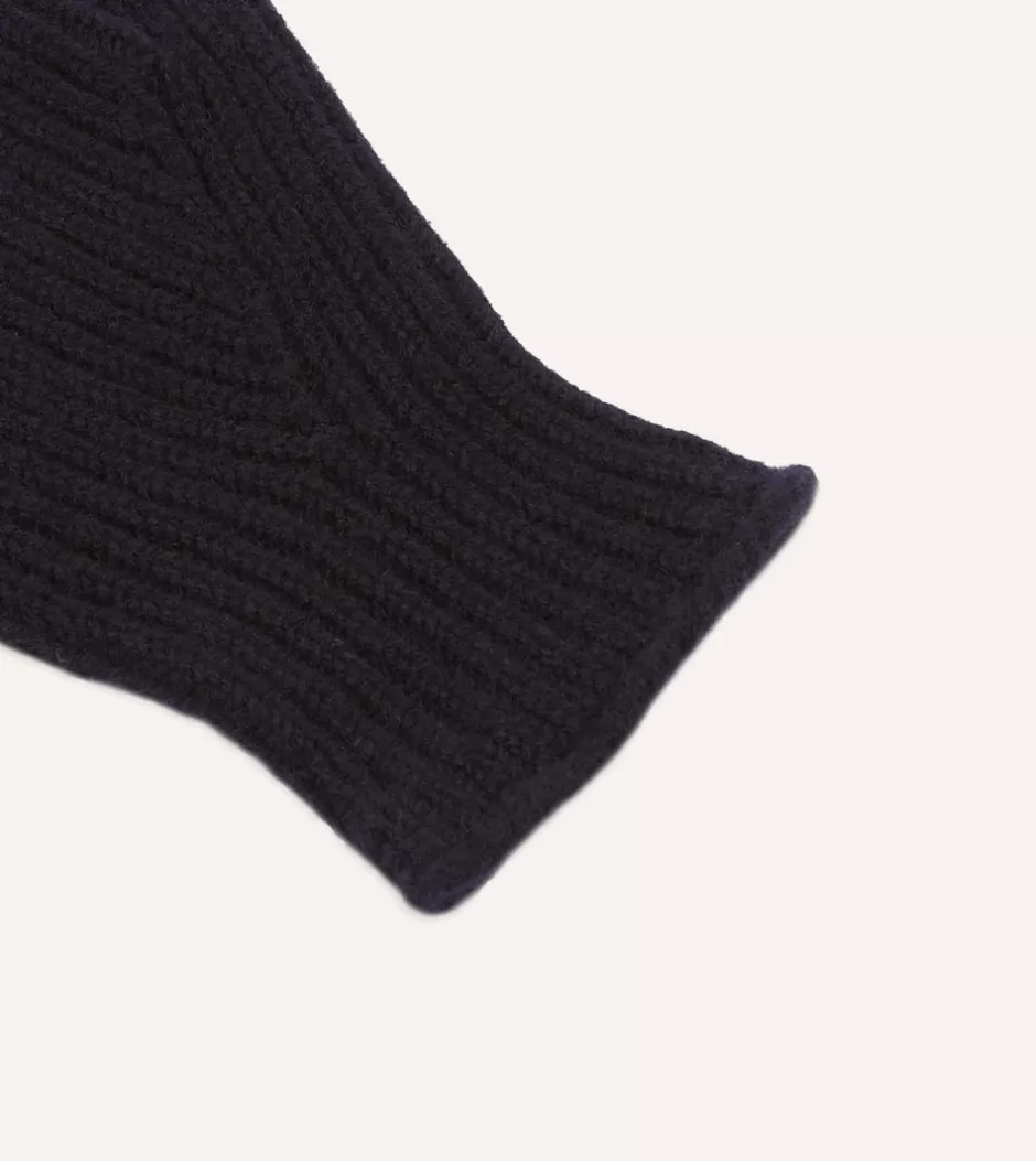 Drake's Lambswool Ribbed Knitted Gloves Navy Flash Sale