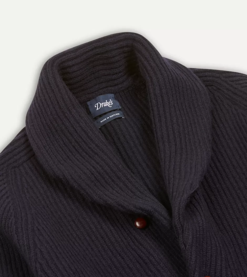 Drake's Lambswool Shawl Collar Cardigan Navy Outlet