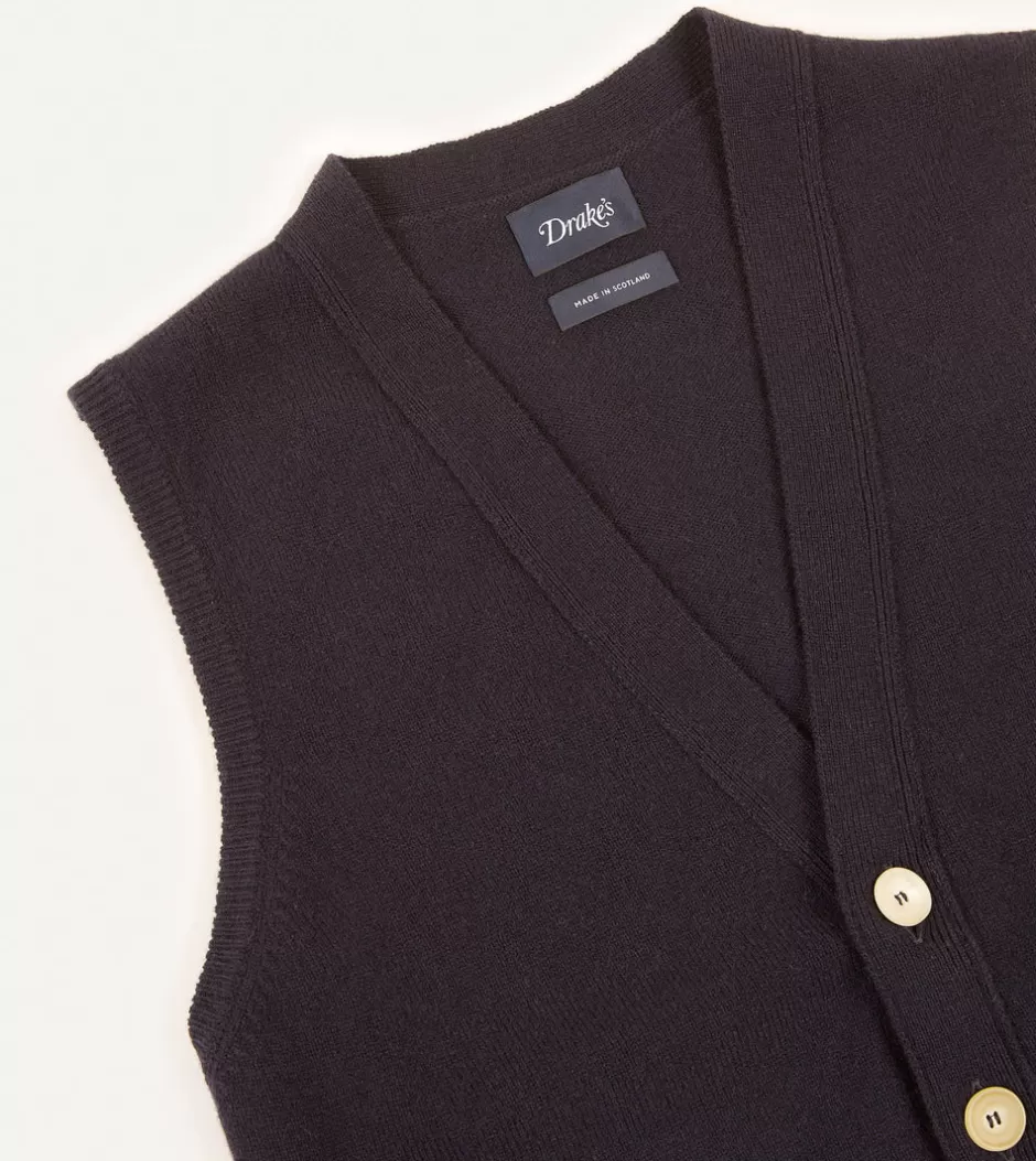 Drake's Lambswool Sleeveless Cardigan Navy Hot