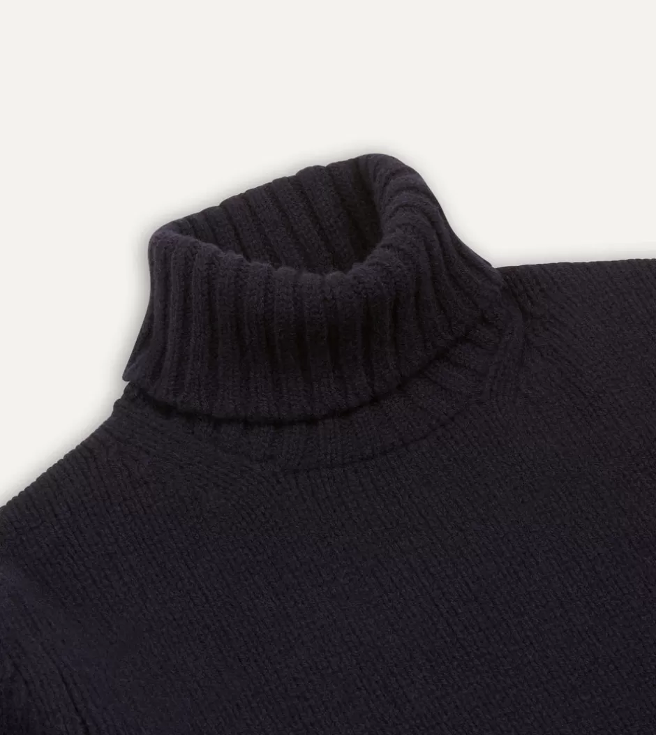 Drake's Lambswool Submariner Roll Neck Jumper Navy Discount