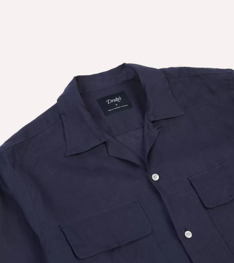 Drake's Linen Camp Collar Long Sleeve Shirt Navy Outlet