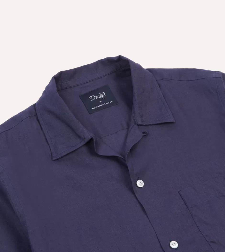 Drake's Navy Linen Camp Collar Short Sleeve Shirt Best