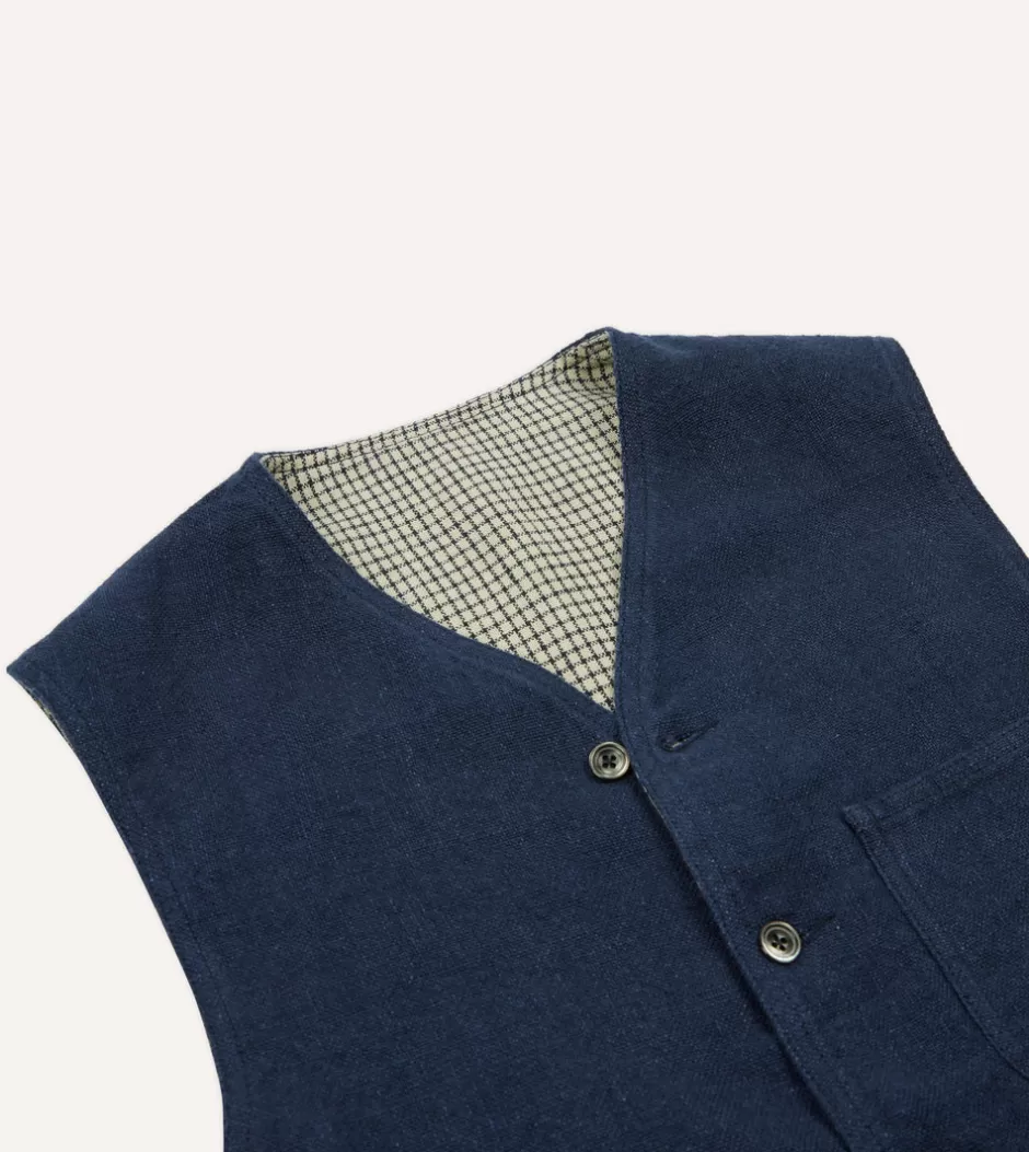 Drake's Navy Linen Utility Vest Clearance