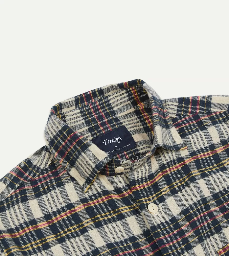 Drake's Navy Madras Check Cotton Two-Pocket Work Shirt Cheap