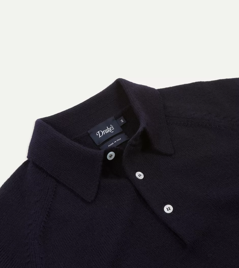 Drake's Merino Wool Knitted Polo Navy Fashion