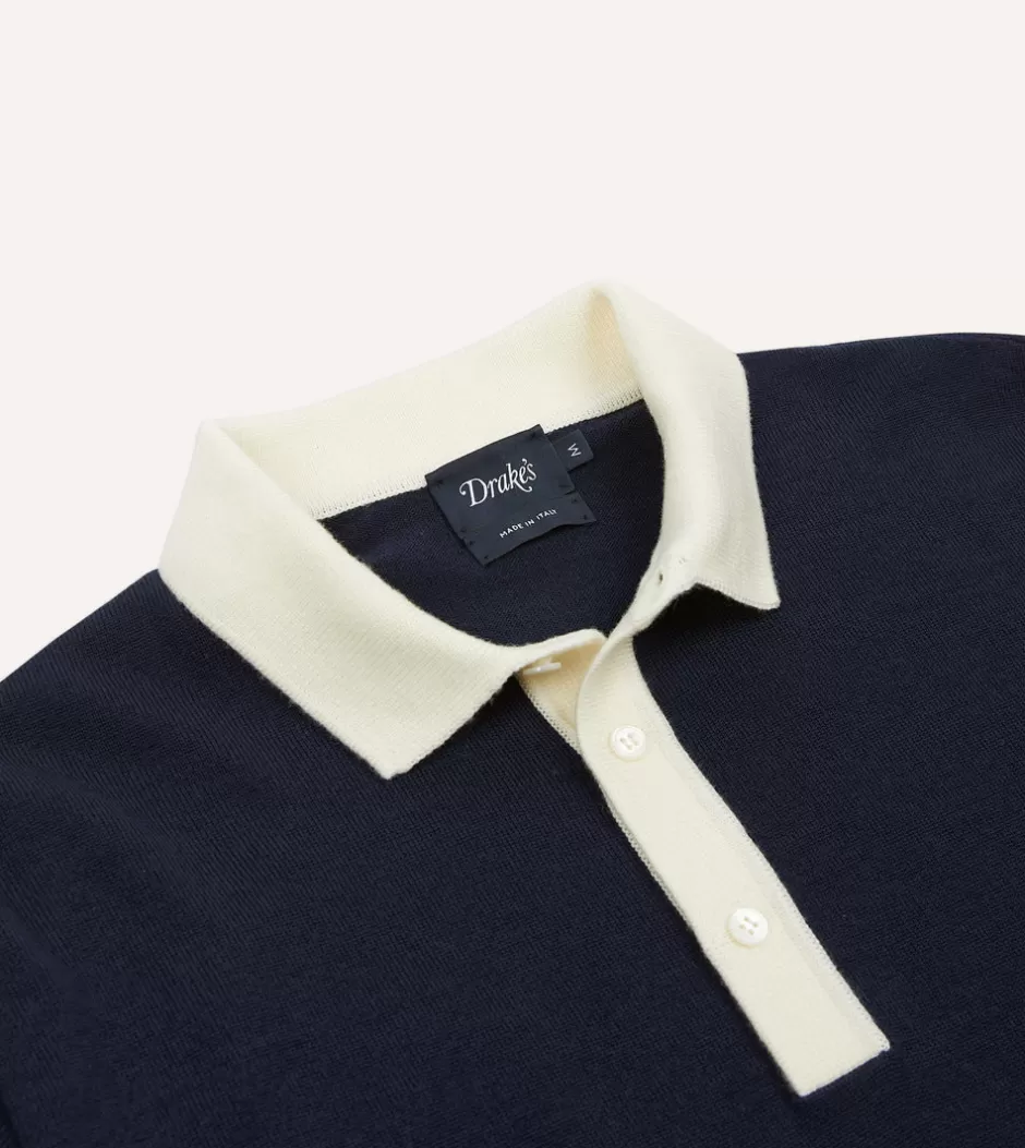 Drake's Merino Wool Knitted Rugby Shirt Navy Outlet