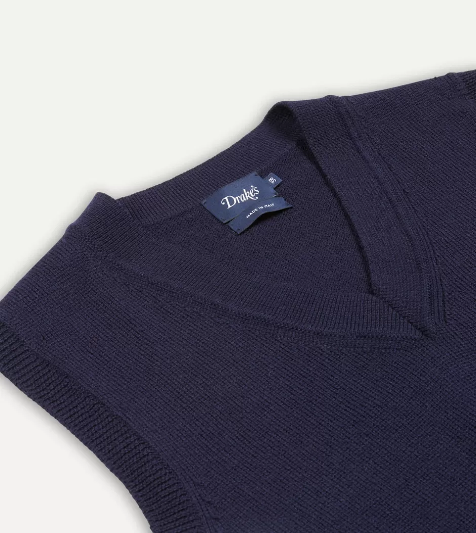 Drake's Merino Wool Knitted Vest Navy Online