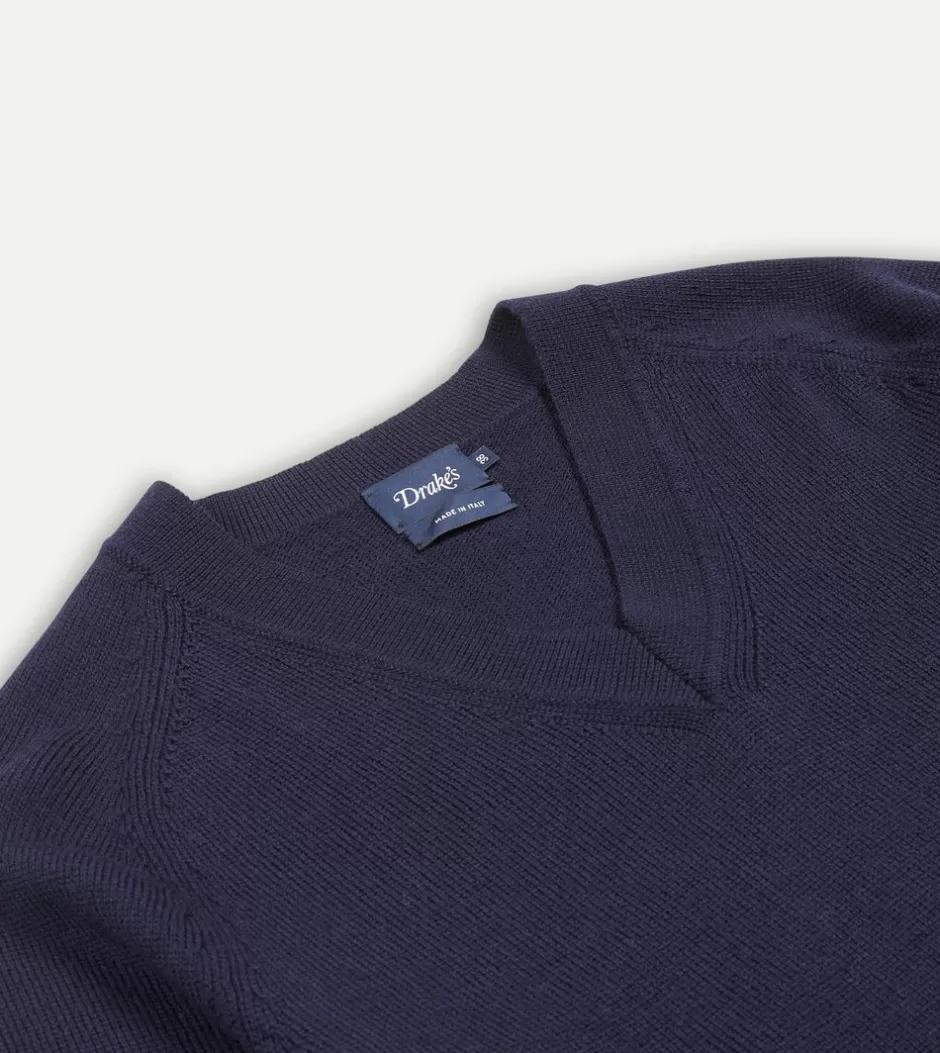 Drake's Merino Wool V Neck Jumper Navy Fashion