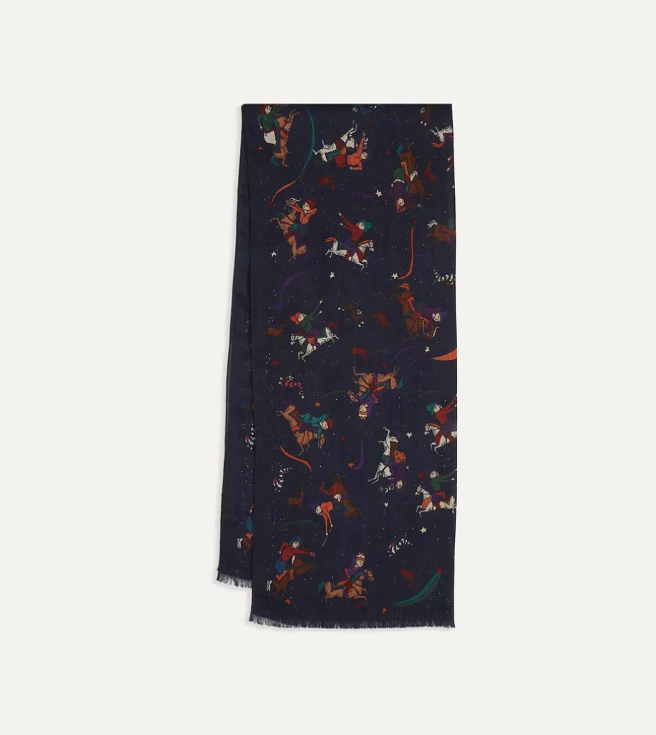 Drake's Navy Mughal And Stars Print Wool Scarf Store