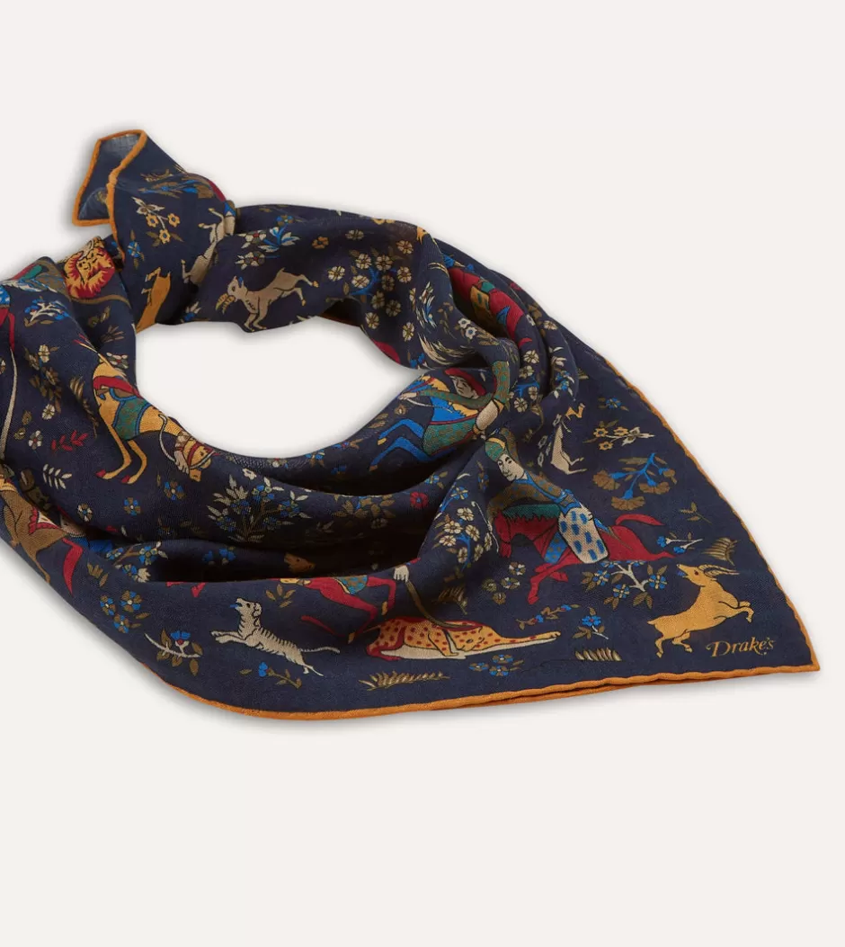 Drake's Navy Mughal Print Wool-Silk Square Scarf Outlet