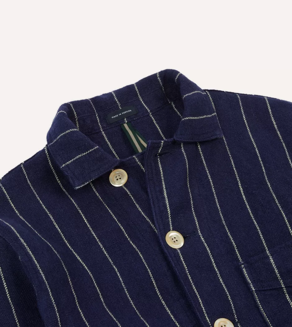 Drake's Navy Pinstripe Heavy Linen Five-Pocket Chore Jacket Fashion