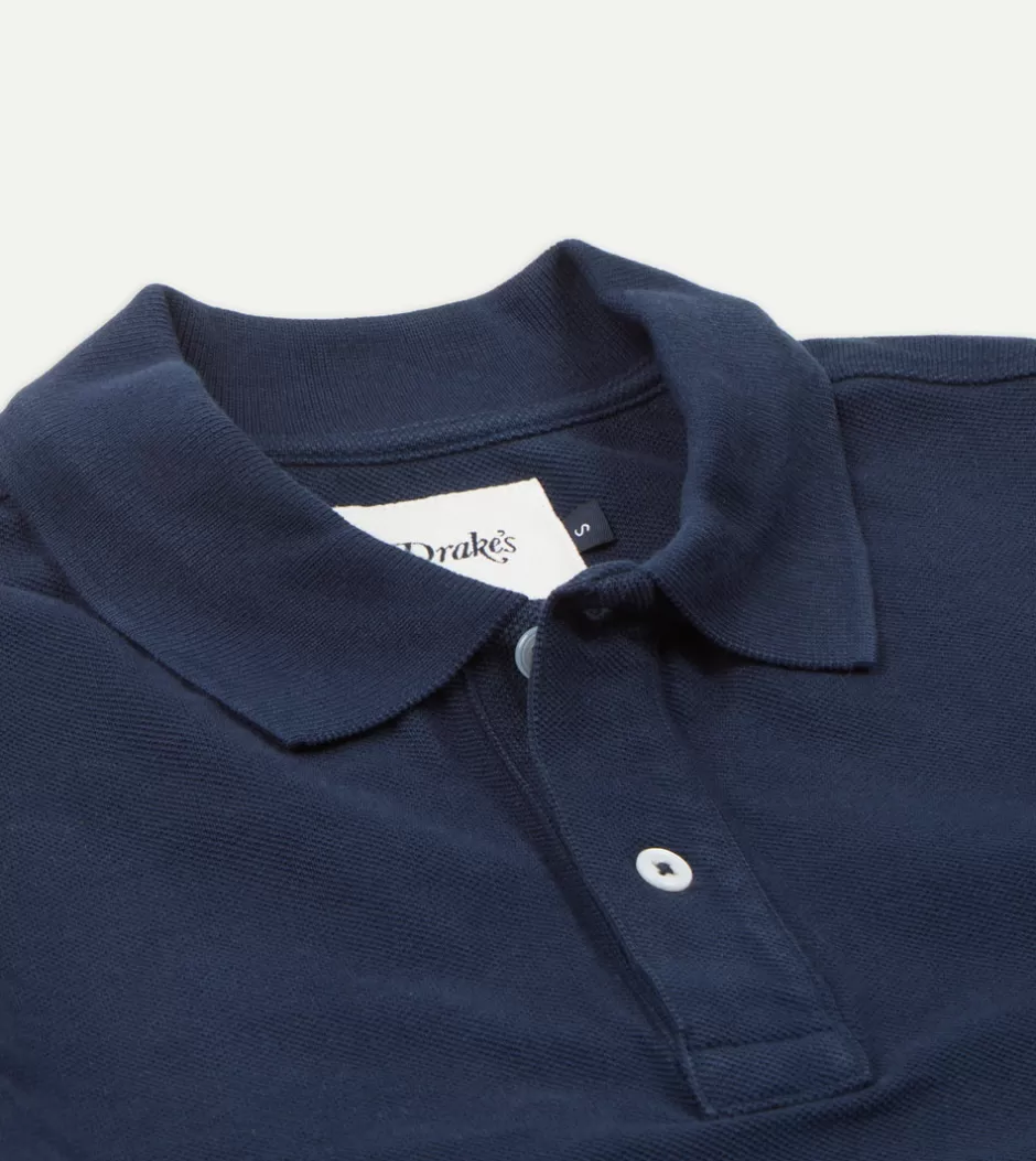 Drake's Pique Cotton Long-Sleeve Polo Shirt Navy Cheap