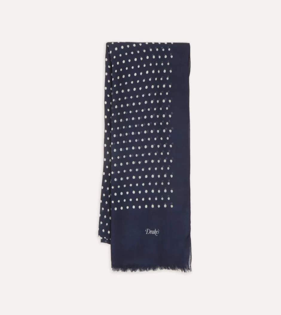 Drake's Navy Polka Dot Wool Scarf Cheap