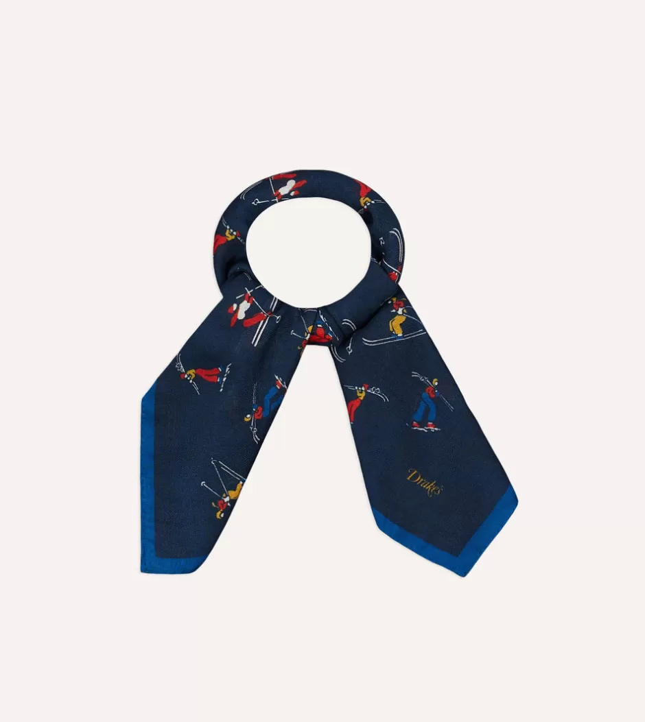 Drake's Navy Skier Print Wool-Silk Bandana New