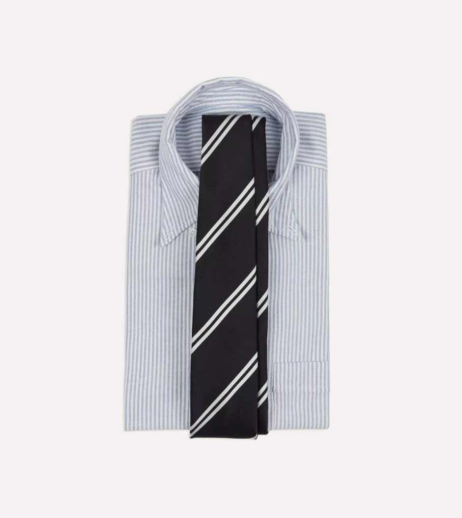 Drake's Navy Stripe Tipped Repp Silk Tie Clearance