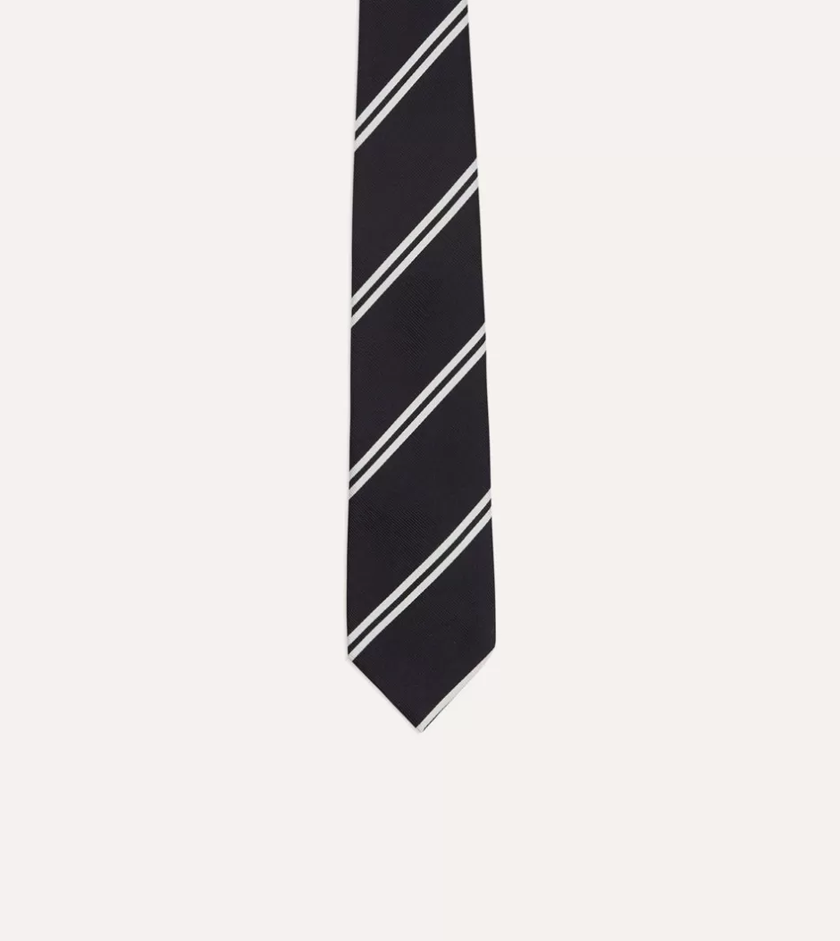 Drake's Navy Stripe Tipped Repp Silk Tie Clearance