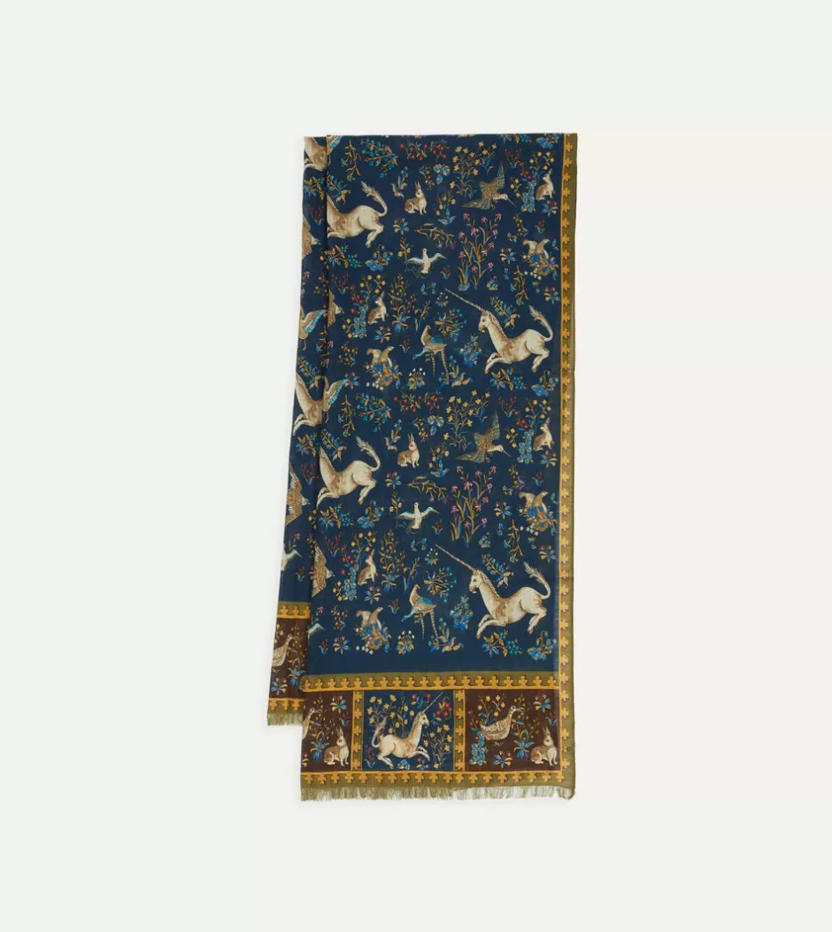 Drake's Navy Unicorn Print Wool-Silk Scarf Hot