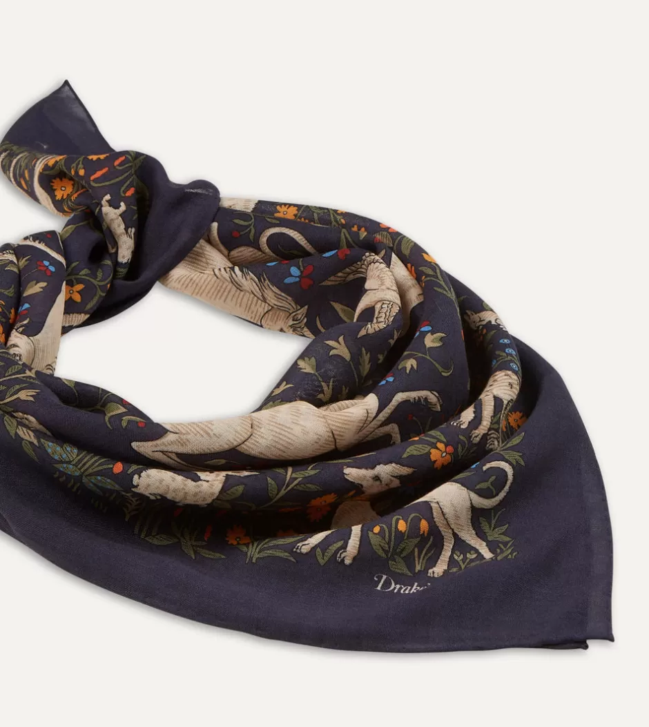 Drake's Navy Unicorn Print Wool-Silk Square Scarf Flash Sale