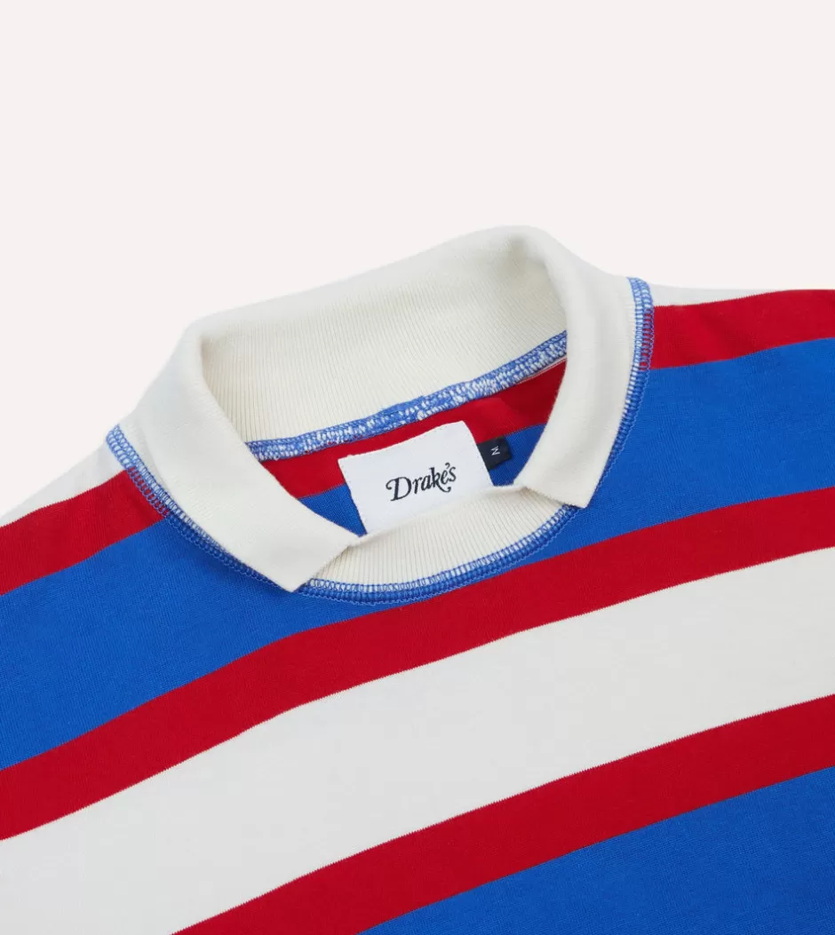 Drake's Navy, White And Red Stripe Mock Collar Long-Sleeve Jersey Clearance