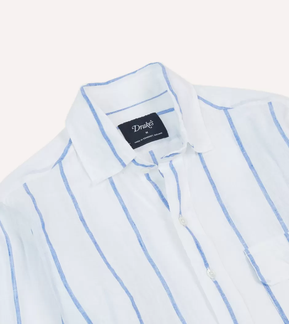 Drake's Navy Wide Stripe Linen Spread Collar Shirt Sale