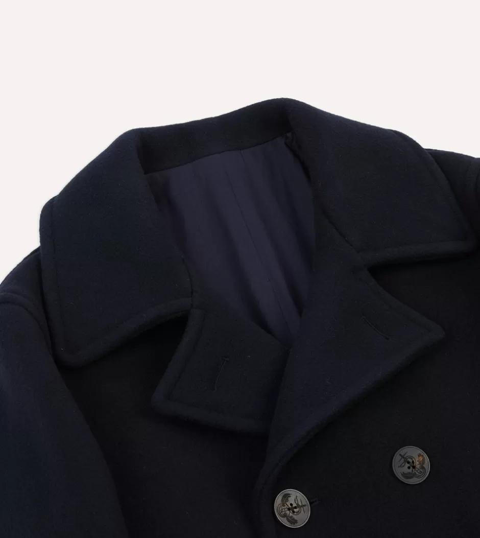 Drake's Navy Wool Double-Breasted Peacoat Hot