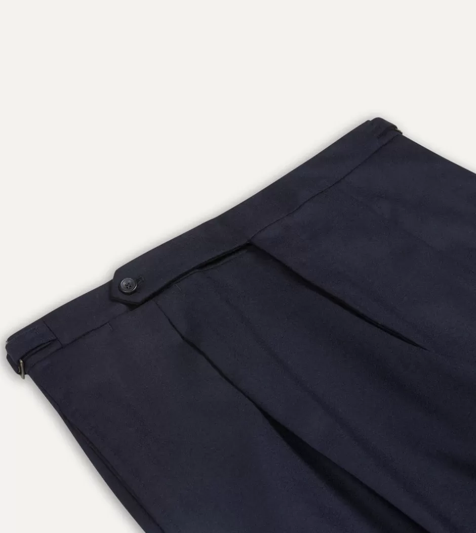 Drake's Wool Flannel Single Pleat Trouser Navy Outlet