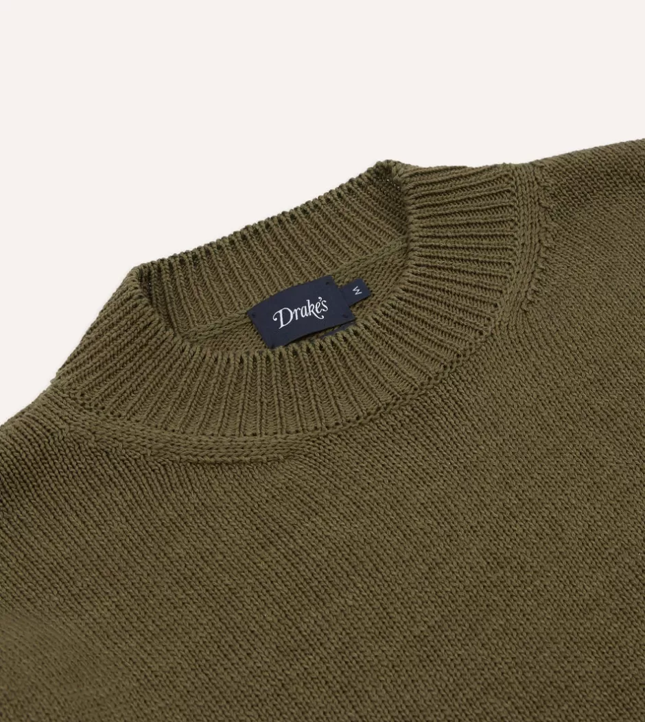 Drake's Cotton Mock Neck Jumper Olive Cheap