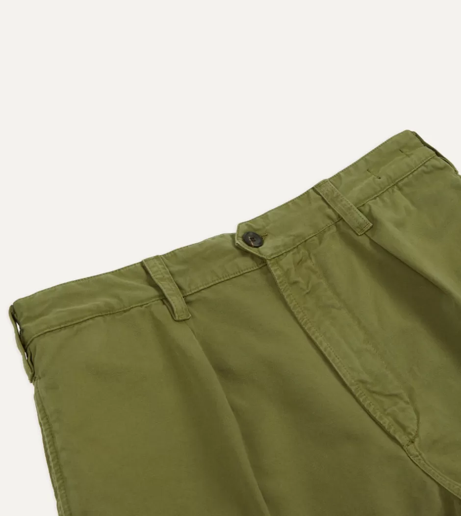 Drake's Cotton Twill Single-Pleat Shorts Olive Clearance