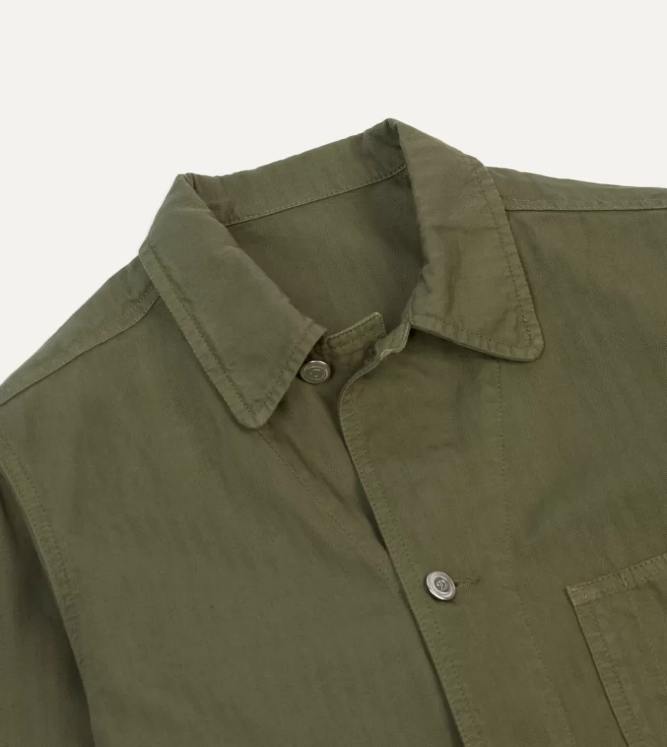 Drake's Cotton-Linen Herringbone Fatigue Jacket Olive Fashion